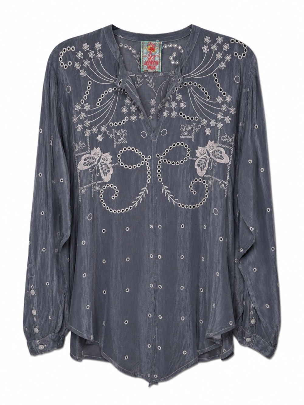 Johnny Was C19121-3 Embroidered Cupra Tunic Blouse Charcoal Gray Medium